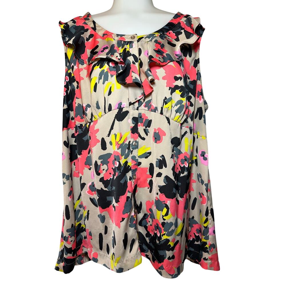 Lane Bryant Sleeveless Multicolor Ruffled Neckline Button-Down Blouse Size 20